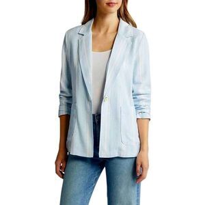 Caslon Women's Blue & White Striped Linen Blend Blazer Jacket NEW